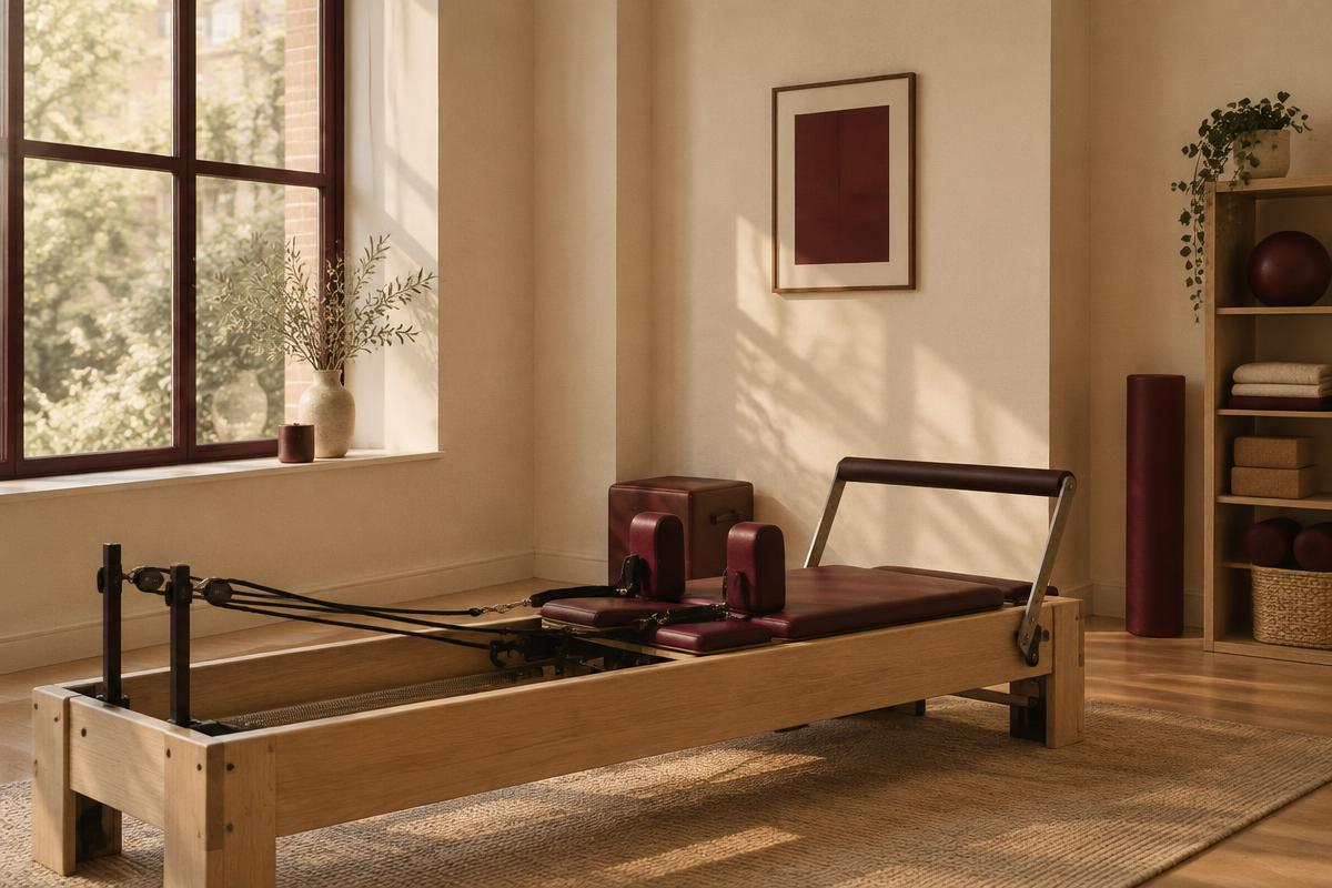 Morning light across a pilates reformer in a quiet studio